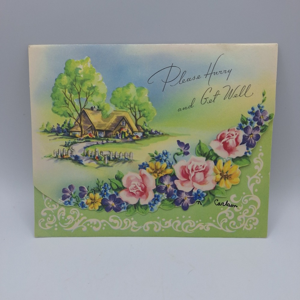 Vintage Carlson Pop Up Get Well Card Cottage‎ Floral Design